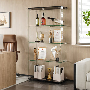 Glass Display Cabinet With 4-Shelf Double Doors And Lock, Curio Cabinet 5mm Tempered Glass Floor Standing Bookshelf For Living Room, Bedroom, Office,