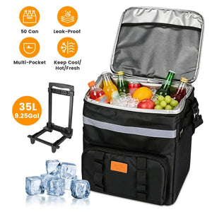 Portable Rolling Cooler Bag With Wheels And Side Handles Shoulder Strap 30L 50 Can Collapsible Insulated Leakproof Cooler For Camping Patio Travel