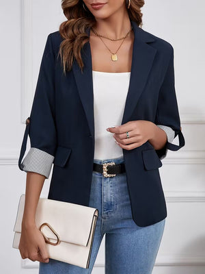 Women's Elegant 3 4 Sleeve Blazer Jacket. Solid Color Button Front H Line Suit Coat, Machine Washable All-Season Professional Outerwear For Office & Formal Events, Versatile Blazer For Year Round Wear