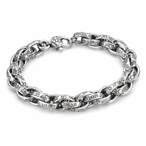 Antique Scroll Engraved Thick Curb Chain Bracelet For Men, Copper Plated Silver Oxidized Vintage Biker Punk Heavy Link Wrist Jewelry Gift