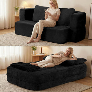 Convertible Sofa Bed With Blanket, Boneless Cloud Couch Queen Fabric For Living Room Bedroom, Modular Loveseat With High-Density Solid Sponge No Assembly,Black.