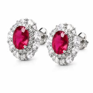 Oval Cut Hot Ruby CZ Double Halo Stud Earrings For Women, Copper Silver Plated Pear & Round White Crystal Vintage Bridal Wedding Statement Jewelry Gift