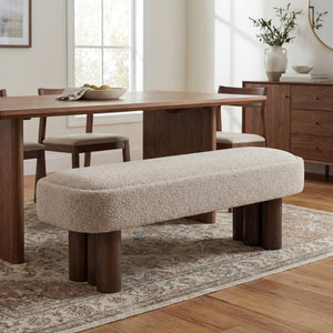 Indoor Khaki Boucle Dining Bench With Walnut Color Legs, 60.04 L Upholstered Seating For Kitchen, Dining Room And Living Space,250lbs Capacity
