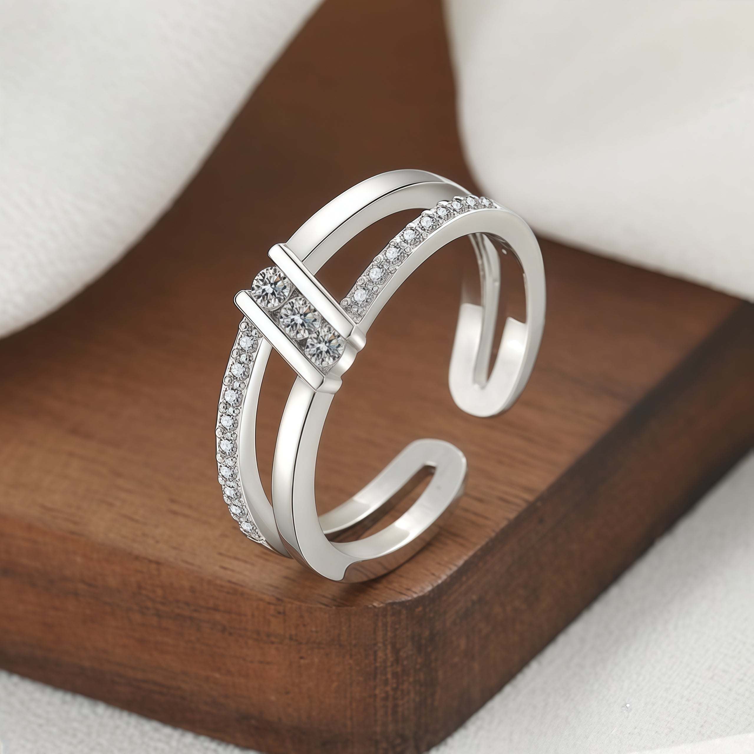 Double Split Band Bar Inlaid Clear CZ Open Adjustable Ring For Women, Copper Sil