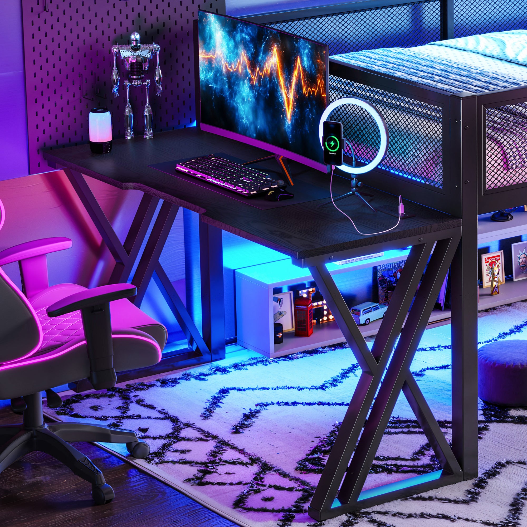 Full Size Gaming Loft Bed With Desk Of X-shaped Leg ,LED Lights, USB Ports, Stai