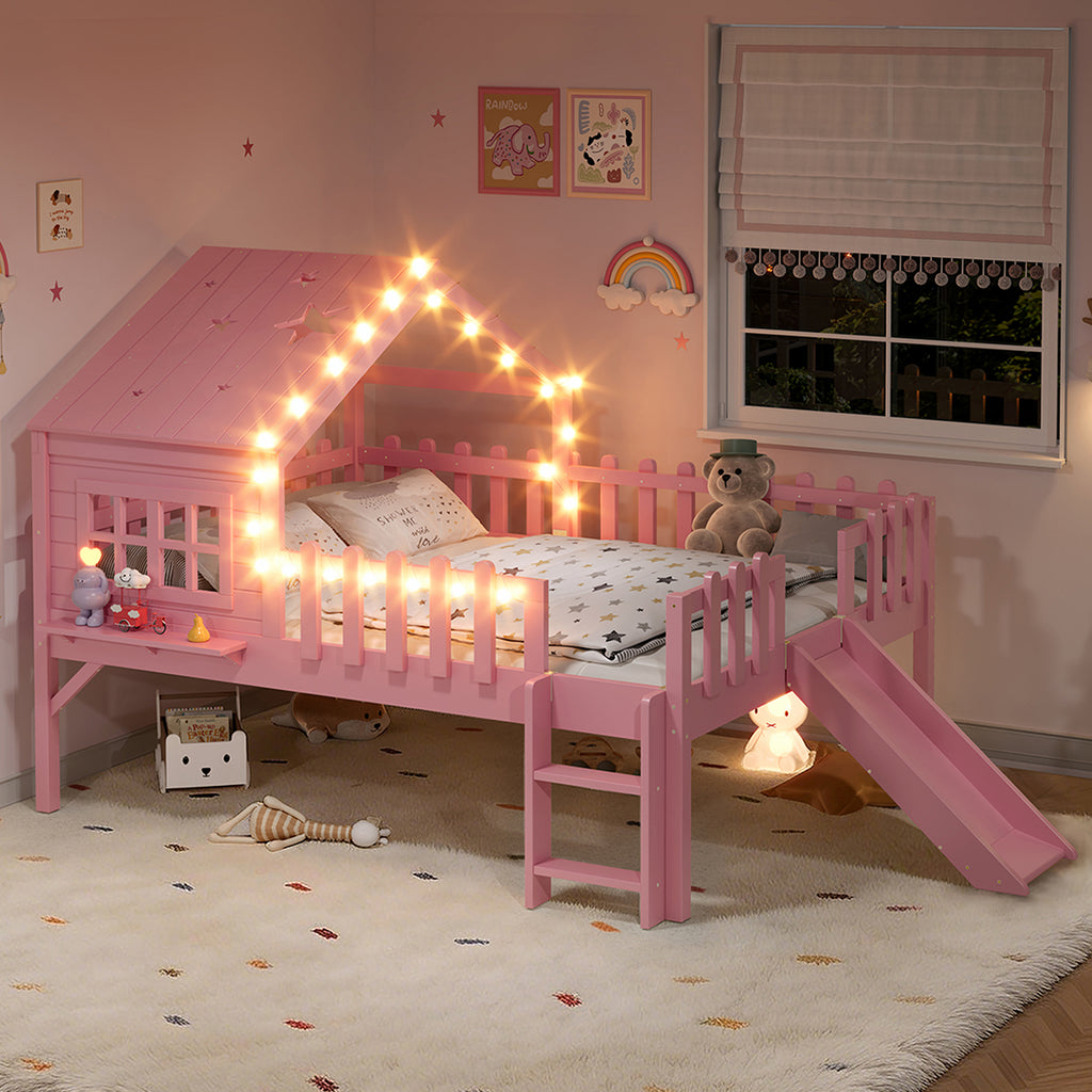 Full  Size House Loft Bed With Slide,Playhouse Bed With Star-shaped Designs And 