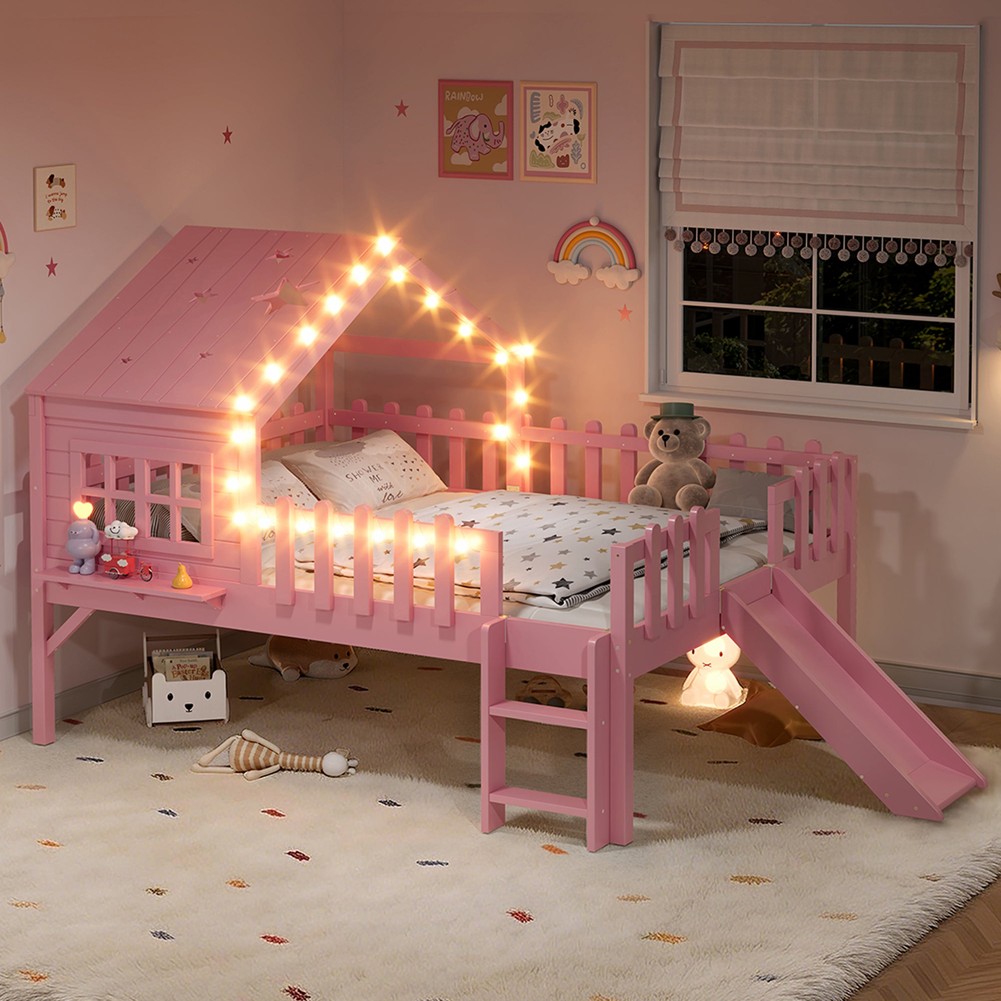 Full  Size House Loft Bed With Slide,Playhouse Bed With Star-shaped Designs And 