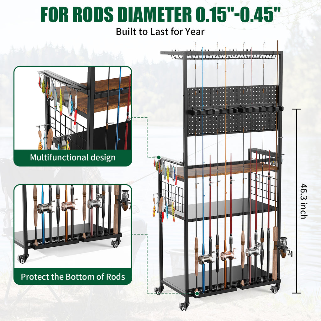 Fishing Rod Storage Rack With Pegboard, Rolling Tackle Organizer Cart, Multi-Tie