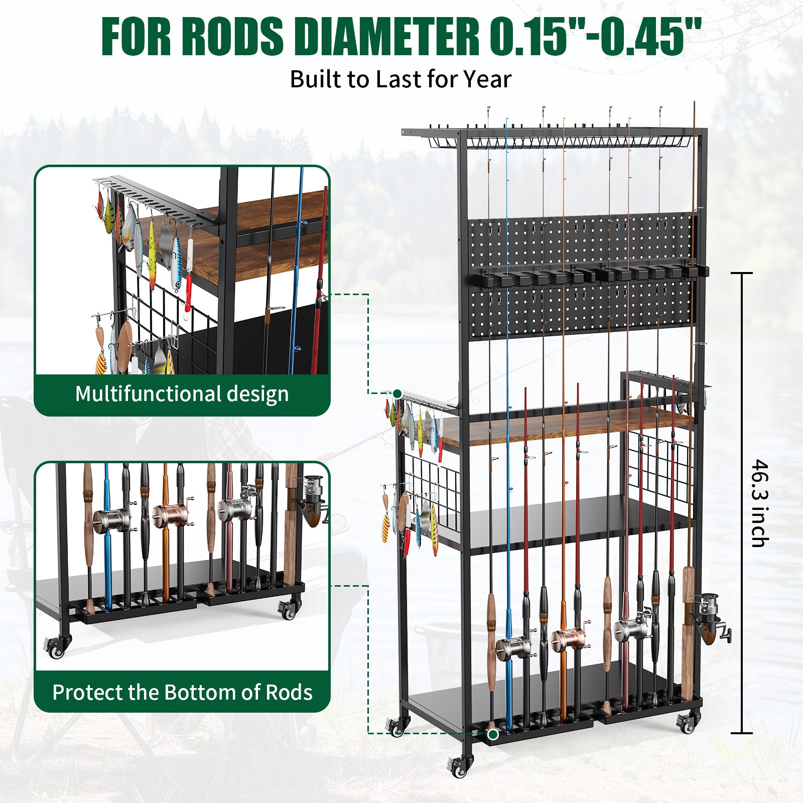 Fishing Rod Storage Rack With Pegboard, Rolling Tackle Organizer Cart, Multi-Tie