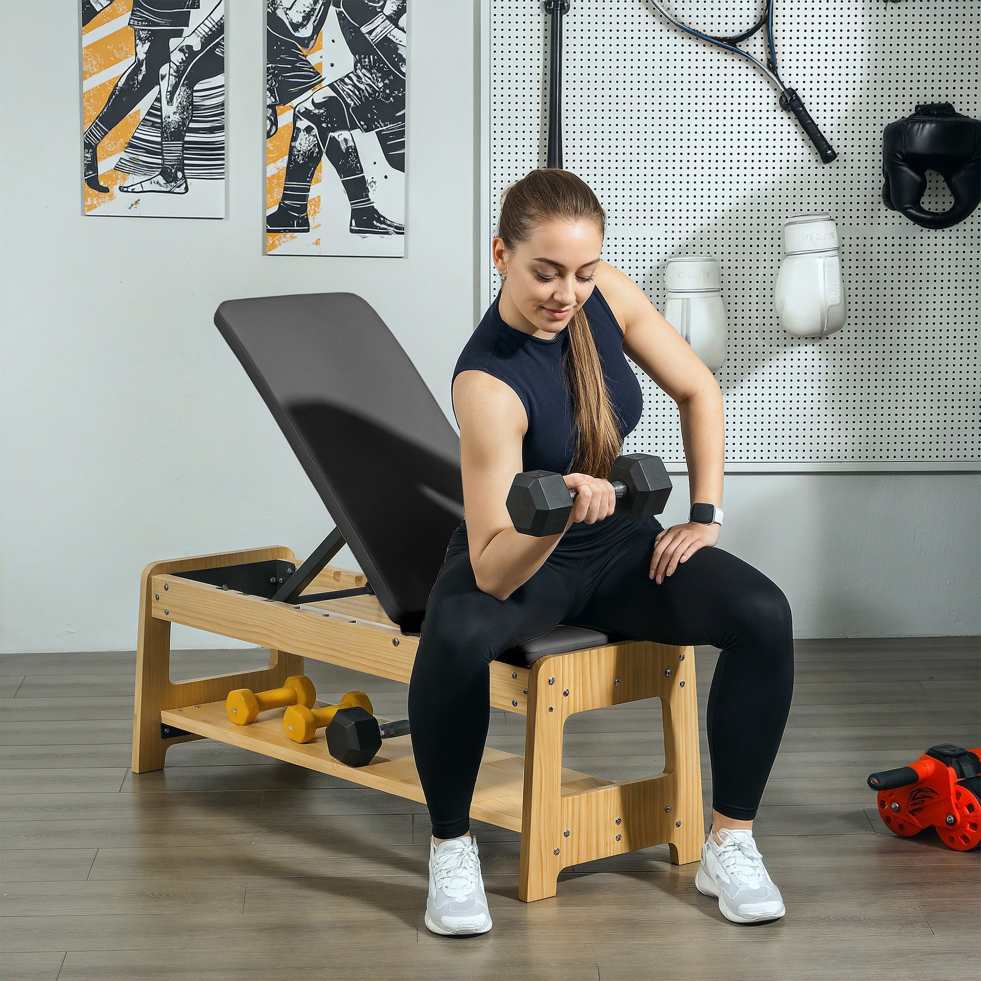 Wooden Adjustable Weight Bench with Dumbbell Rack, Flat or Incline Workout Bench