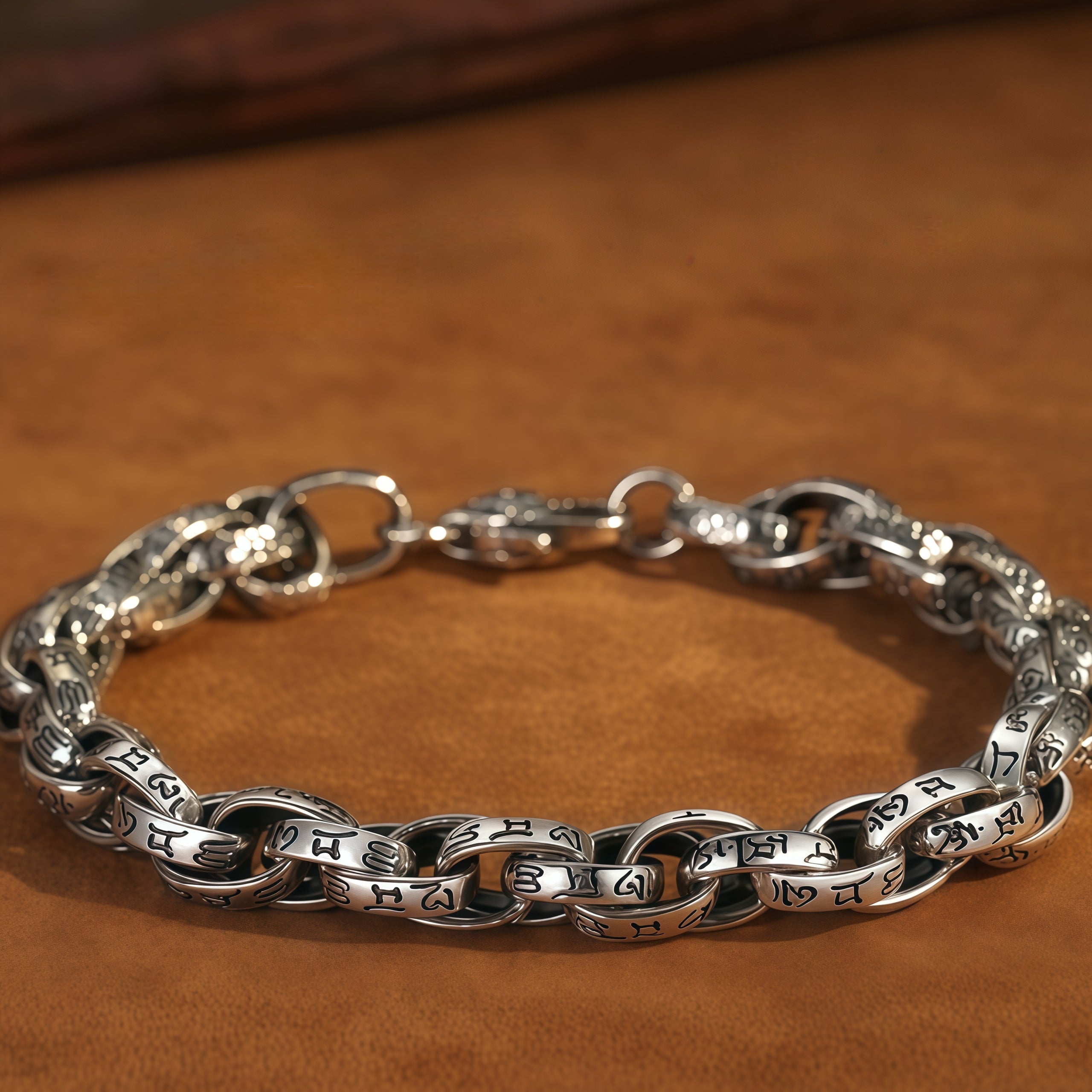 Antique Scroll Engraved Thick Curb Chain Bracelet For Men, Copper Plated Silver 