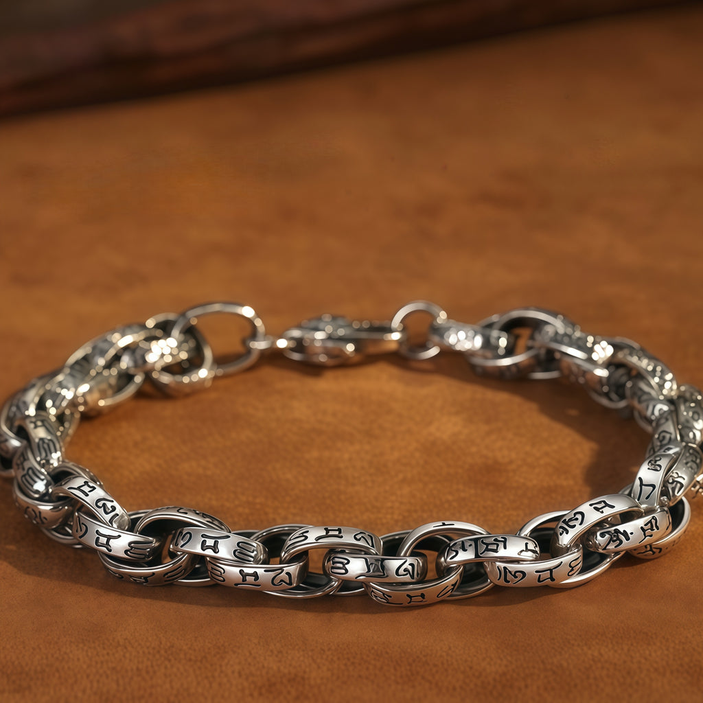 Antique Scroll Engraved Thick Curb Chain Bracelet For Men, Copper Plated Silver 