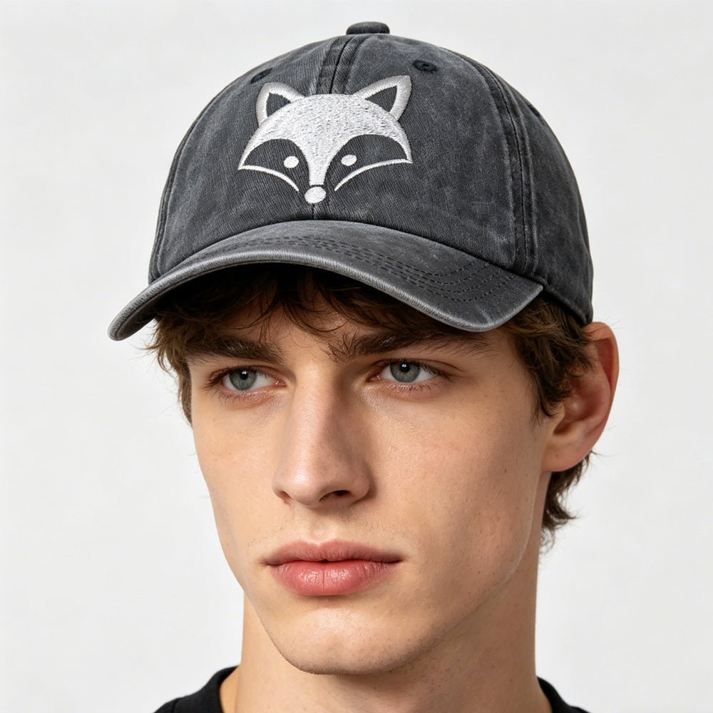 2pcs Cute Fox Face Embroidered Baseball Cap - Vintage Washed Cotton Hat, Adjusta