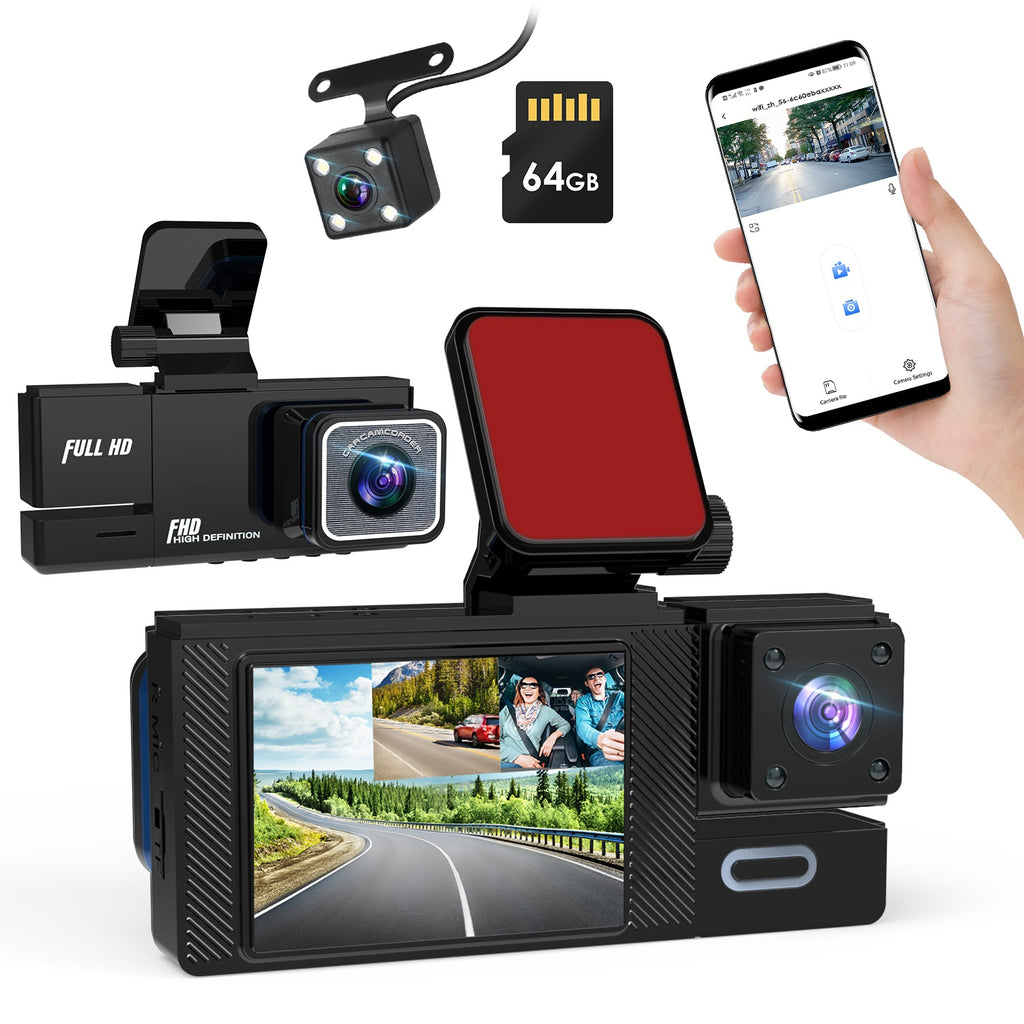 1Pc WiFi FHD 1080P Car Dash Cam 3 Channels Front Rear Inside Dash Camera With Lo