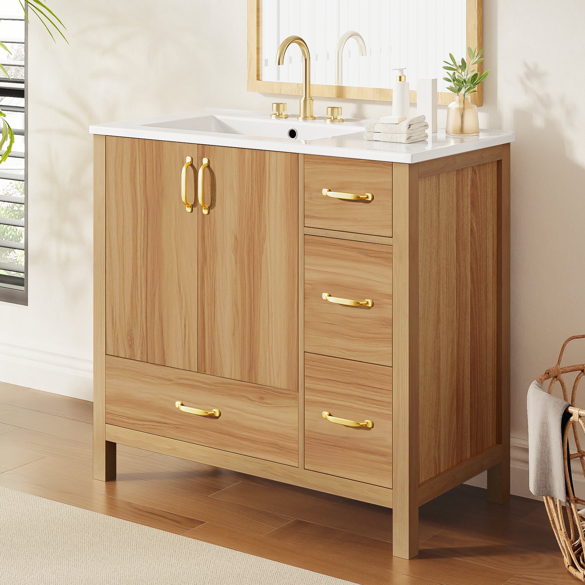 36  Wood Bathroom Vanity With Solid Wood Frame, 2 Soft Close Doors, 4Soft Close 