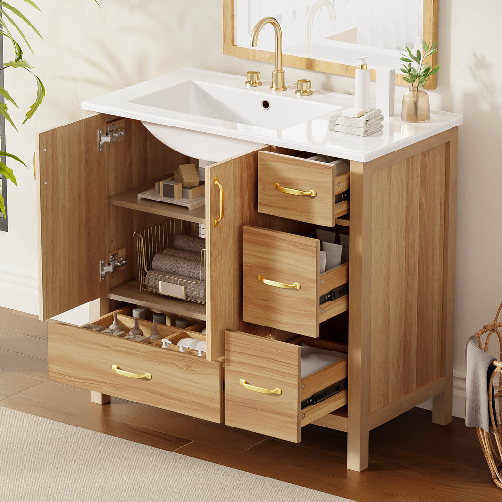 36  Wood Bathroom Vanity With Solid Wood Frame, 2 Soft Close Doors, 4Soft Close 