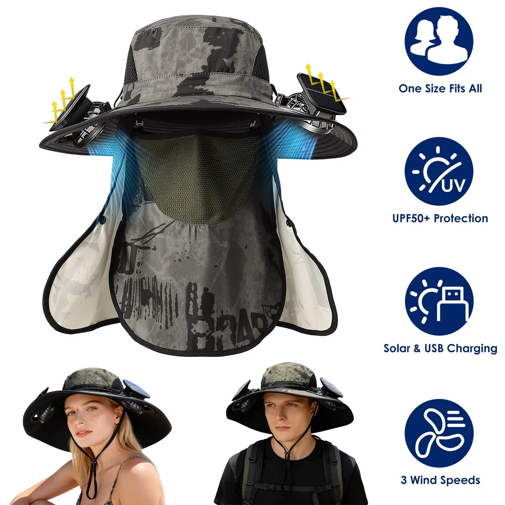 2 In 1 Solar Fan Hat UPF50 & Sun Hat With Fans Wide Brim Fishing Hat With Face C