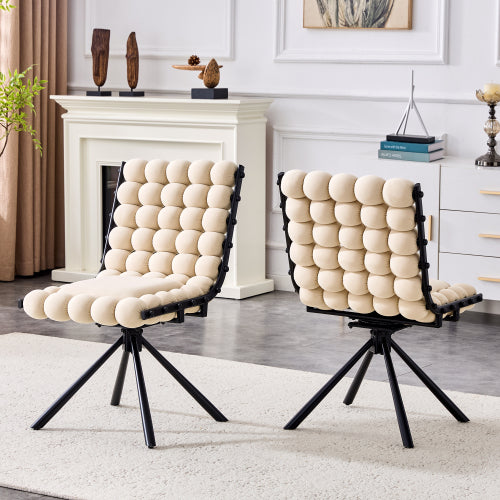 Set Of 2 Beige Puffy Bubble Chair Ball Chain Chair Velvet Dining Chairs With Bla