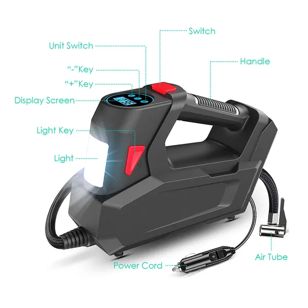 Portable Tire Inflator 120 PSI Maximum 90W Powered Tire With Digital Display LED