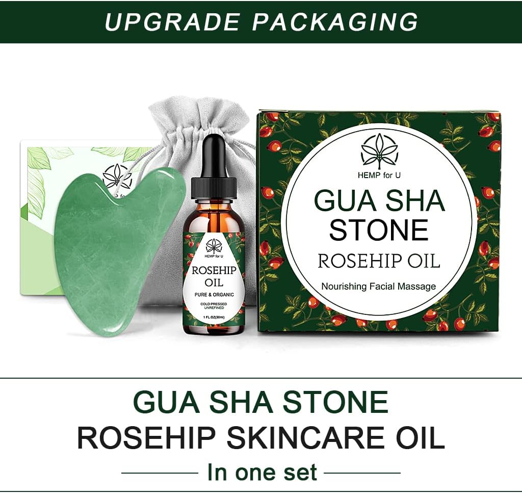 Gua Sha Massage Tools & Rosehip Oil In One Set, Nature Jade Stone Facial Gua Sha