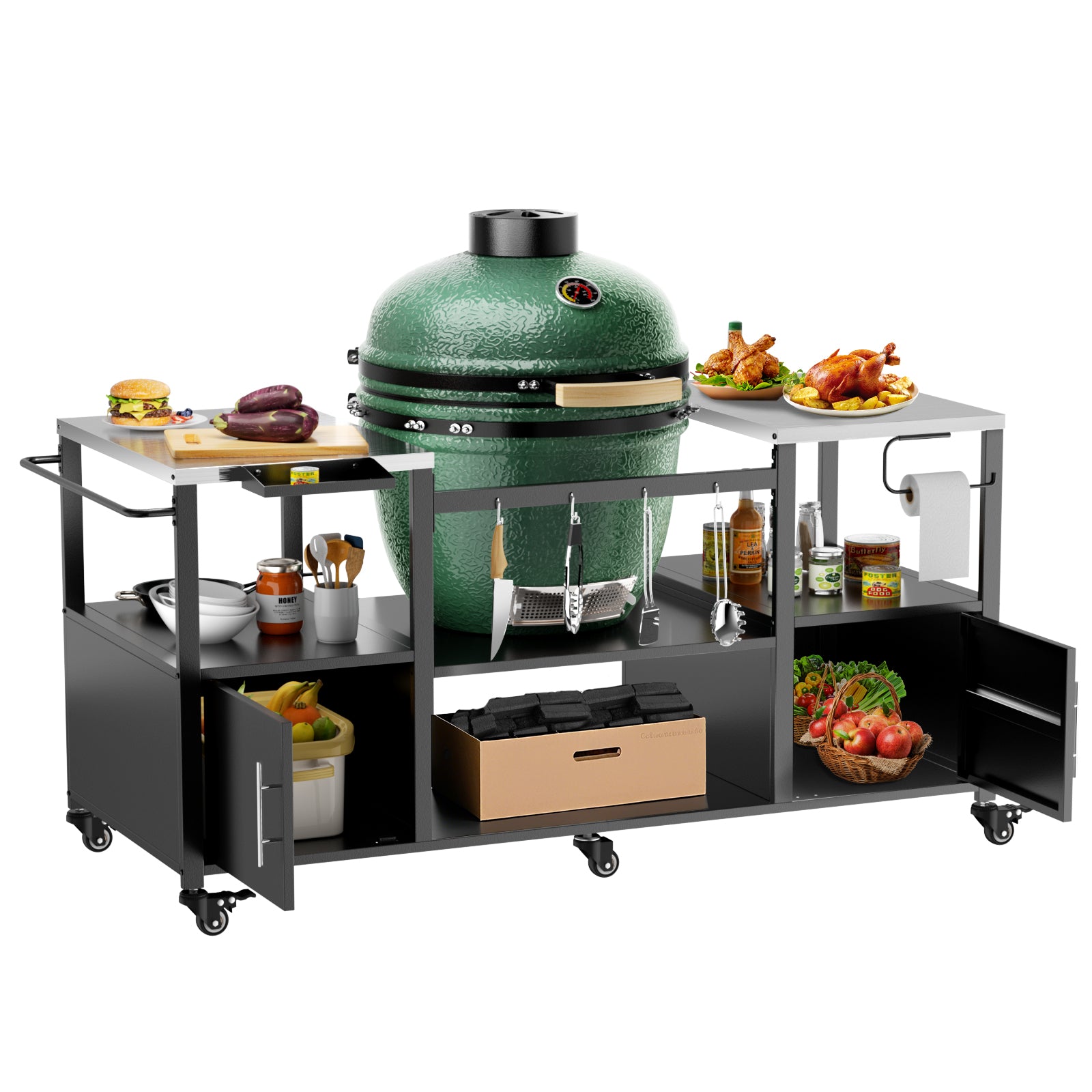 Outdoor Grill Table For Big Green Egg Style BBQ, Metal Grill Cart With Storage B