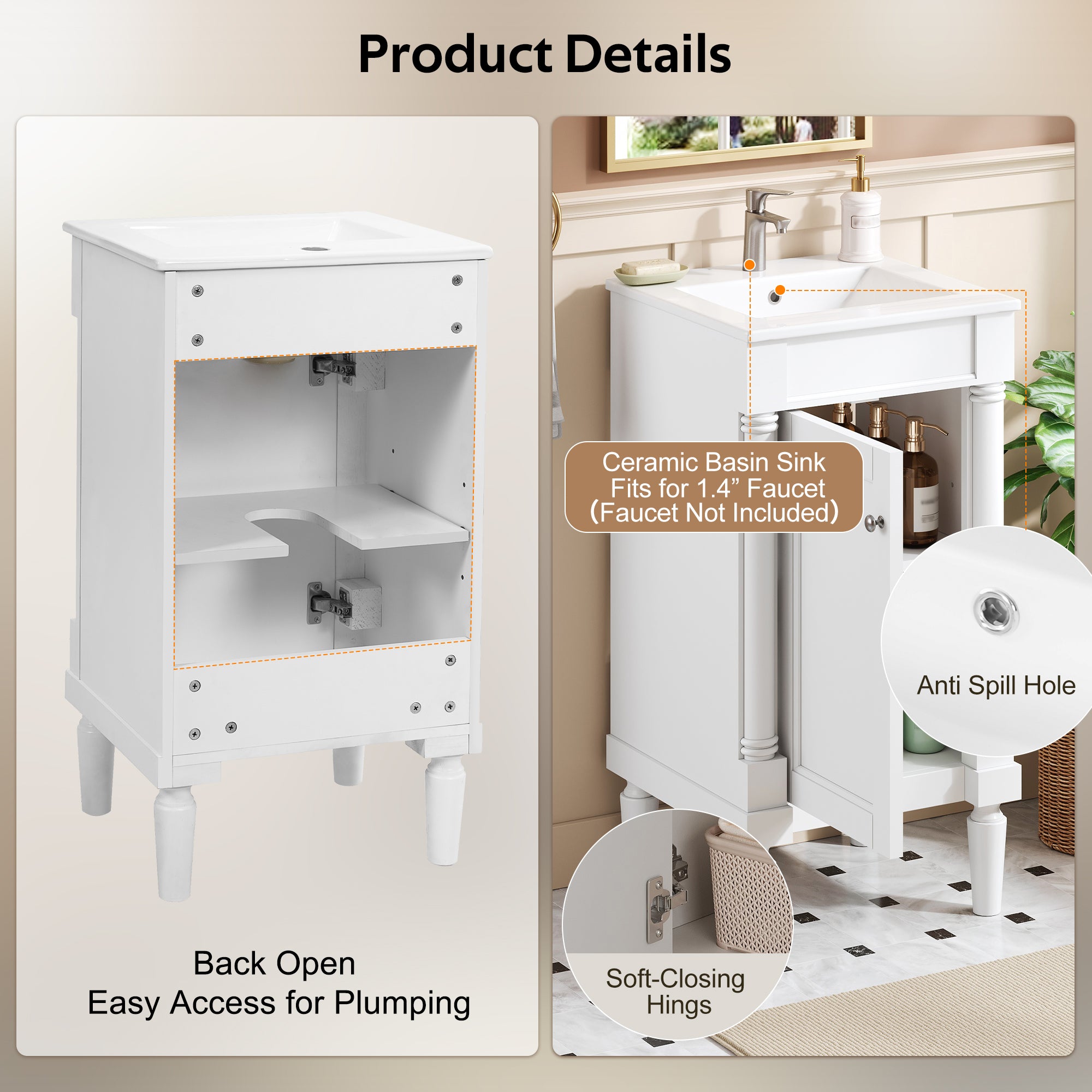 18   French Style Bathroom Cabinet With Storage, Small Space Solution With Ceram