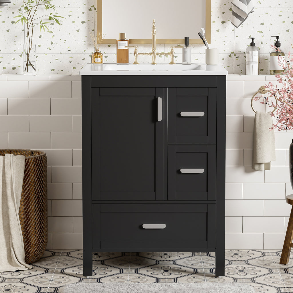 Modern 24-inch Bathroom Vanity With Ceramic Sink, Soft-Close Door, Double-Layer 