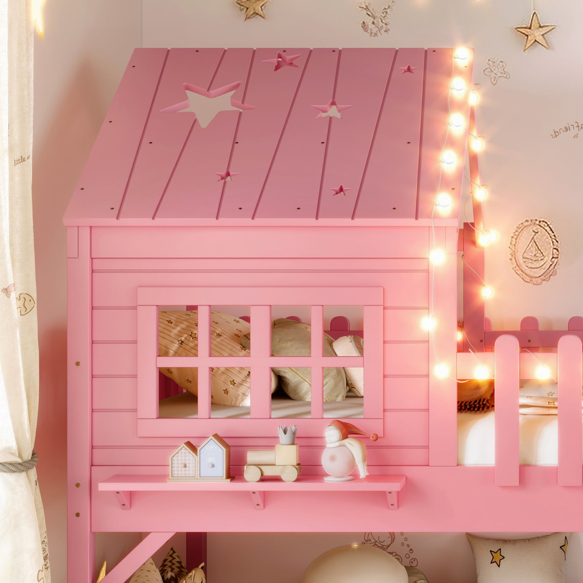 Twin Size House Loft Bed With Slide,Playhouse Bed With Star-shaped Designs And W
