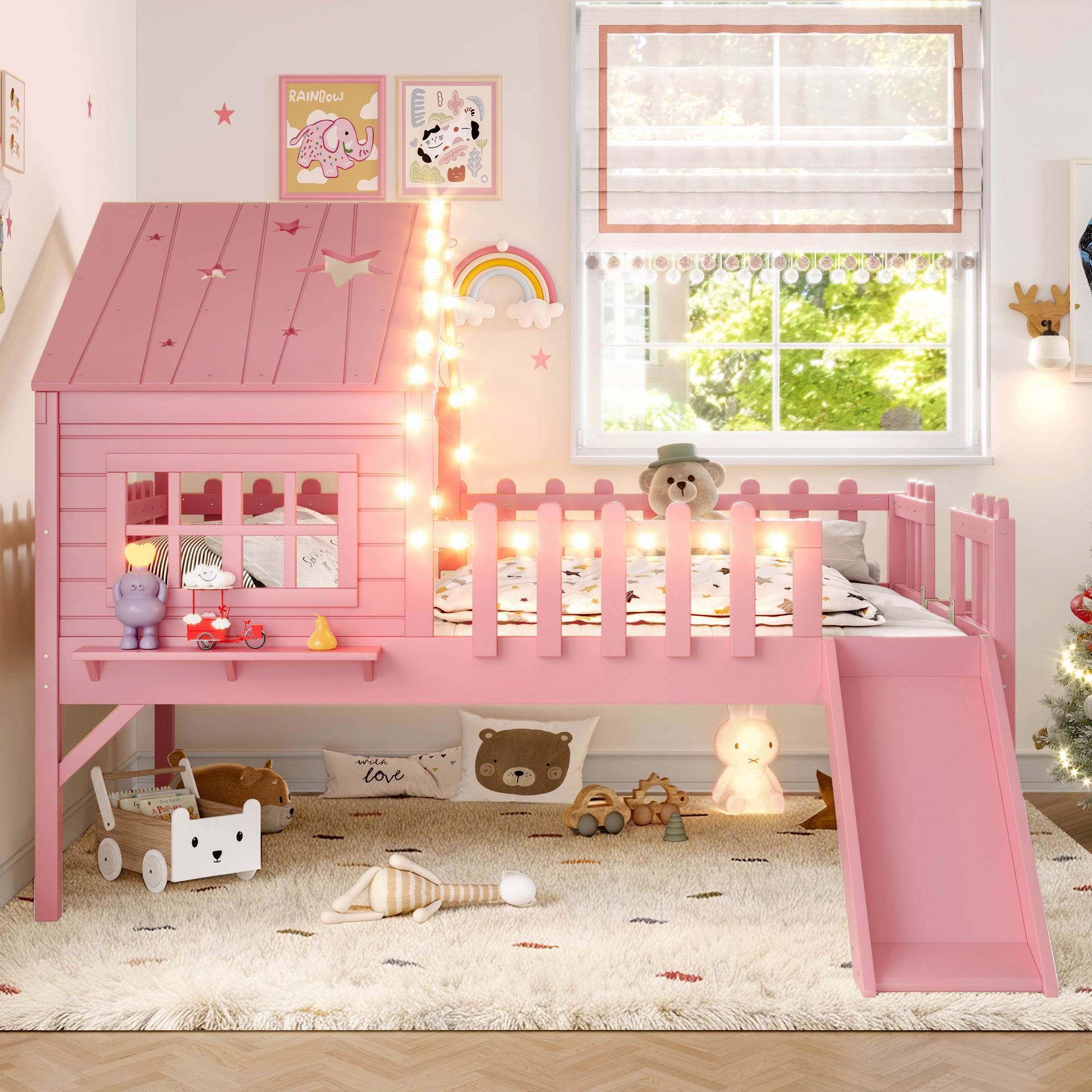 Full  Size House Loft Bed With Slide,Playhouse Bed With Star-shaped Designs And 