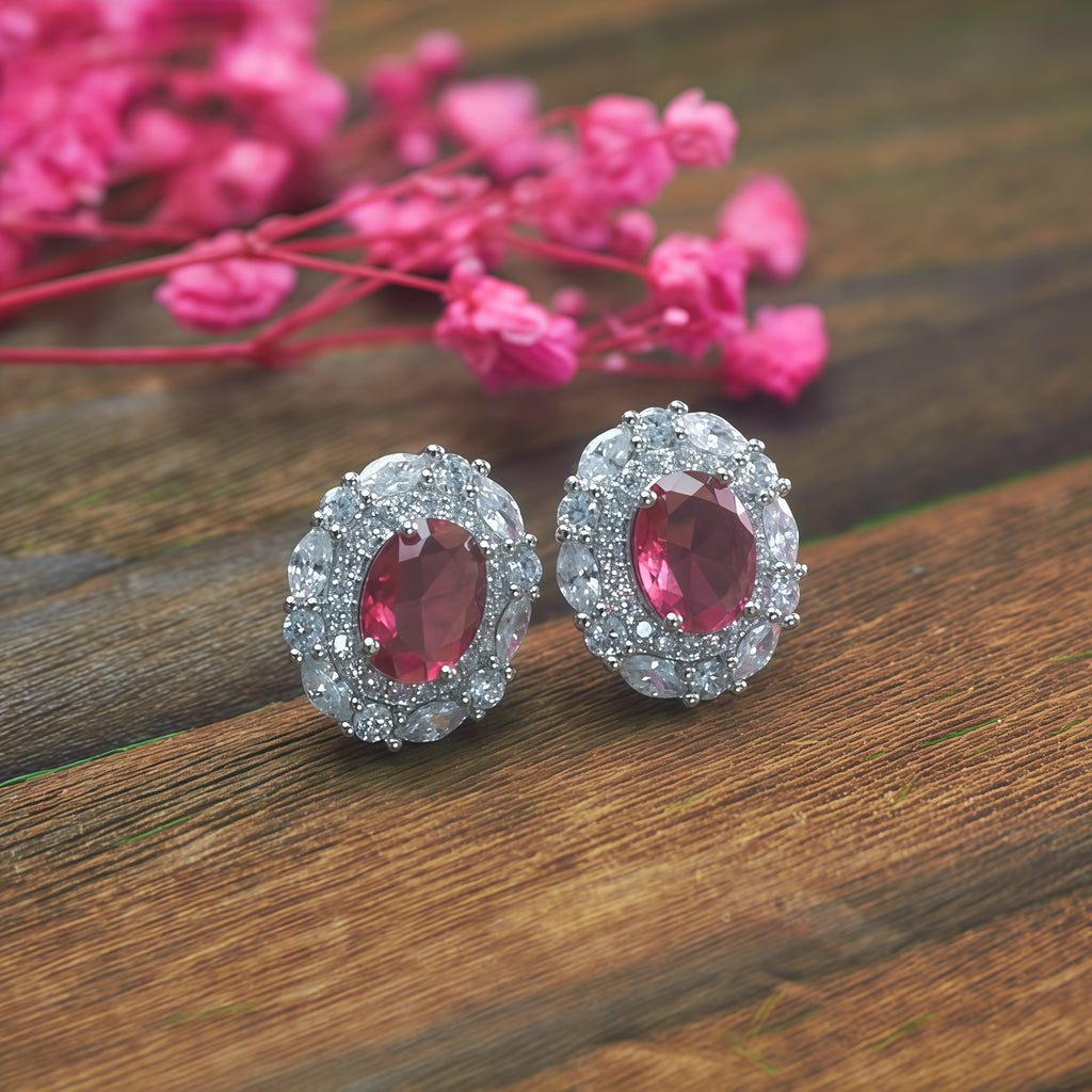 Oval Cut Hot  Ruby CZ Double Halo Stud Earrings For Women, Copper Silver Plated 