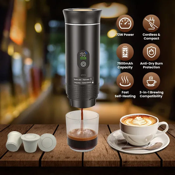 3-in-1 Portable Espresso Machine Cordless Self-Heating Coffee Maker With 7500mAh