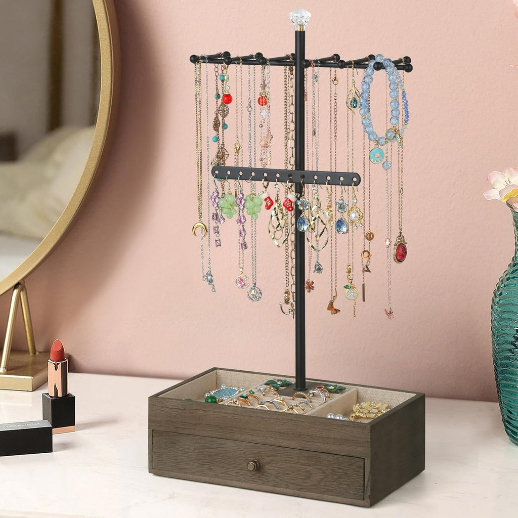 Jewelry Organizer Stand, 3-Tier Necklace Holder Jewelry Tree with Wooden Storage Drawer Box for Necklace Bracelet Earring Ring, Walnut