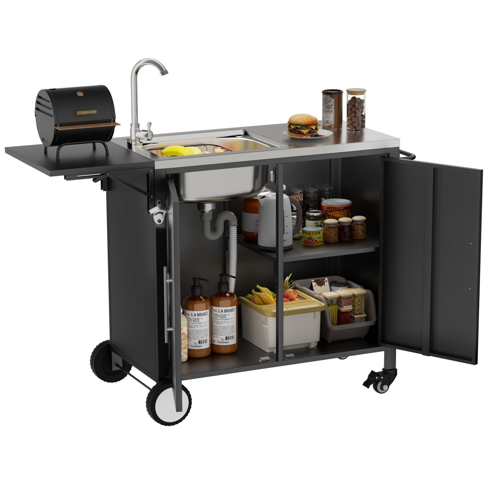 Outdoor Grill Table With Sink, Metal Worktable Kitchen Cabinet Island With Folda