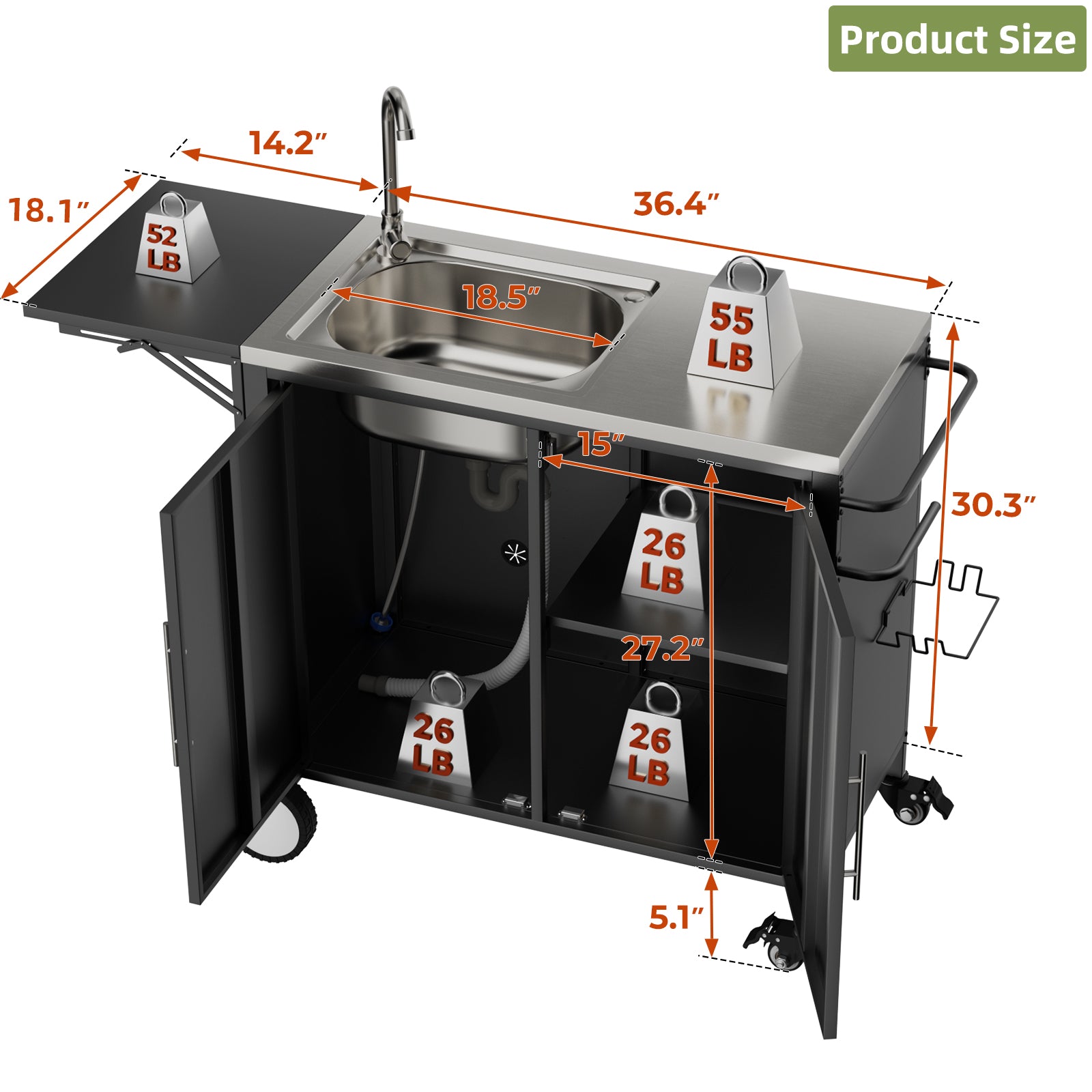 Outdoor Grill Table With Sink, Metal Worktable Kitchen Cabinet Island With Folda