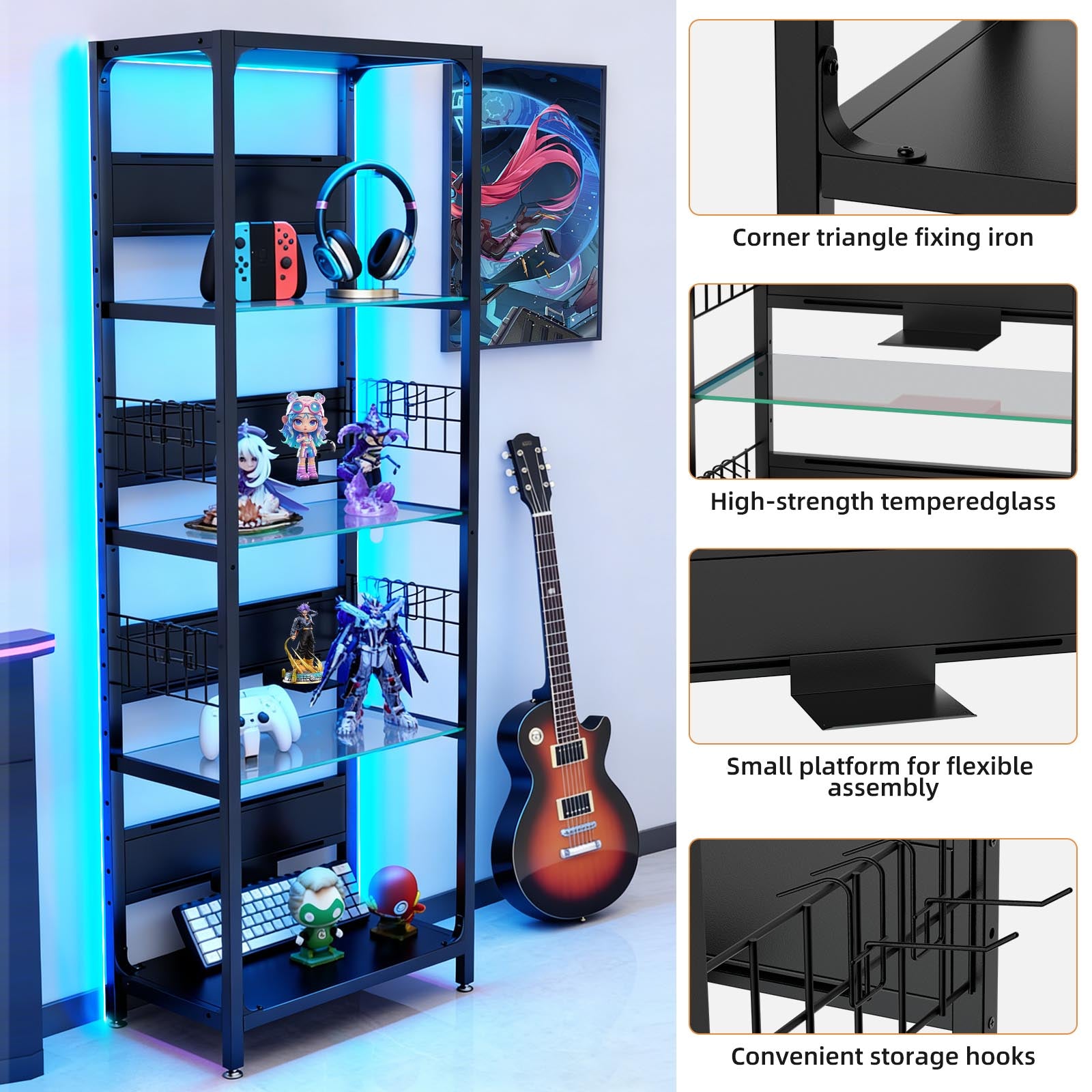 4-Tier Glass Display Shelf With RGB Lights, LED Lighted Curio Cabinet With Adjus