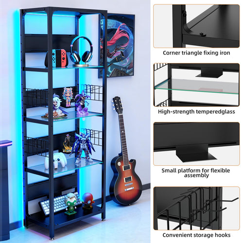 4-Tier Glass Display Shelf With RGB Lights, LED Lighted Curio Cabinet With Adjus