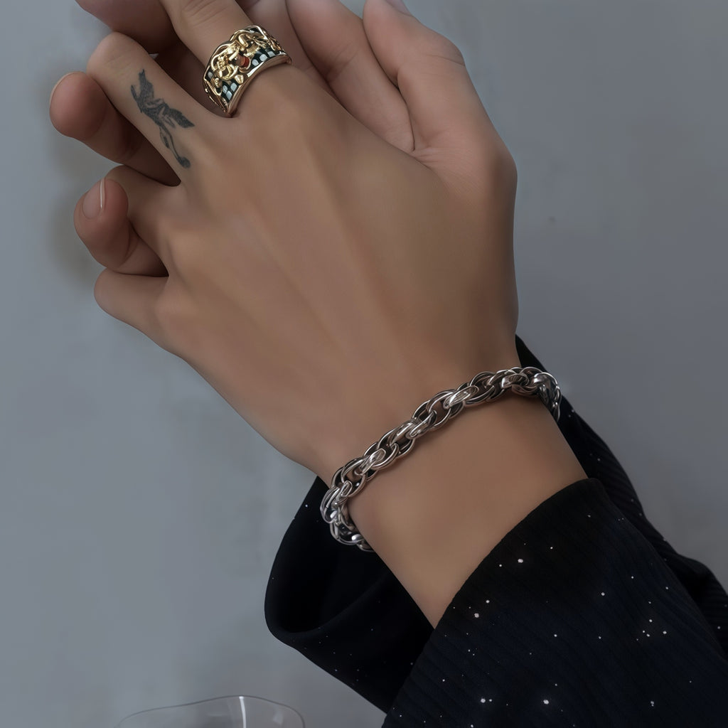 Antique Scroll Engraved Thick Curb Chain Bracelet For Men, Copper Plated Silver 