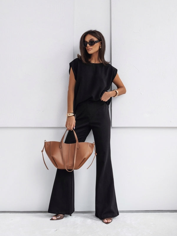 2026 NEW Women  2 Piece Casual Set Short Sleeve T-Shirt Vest Loose Wide Leg Pant