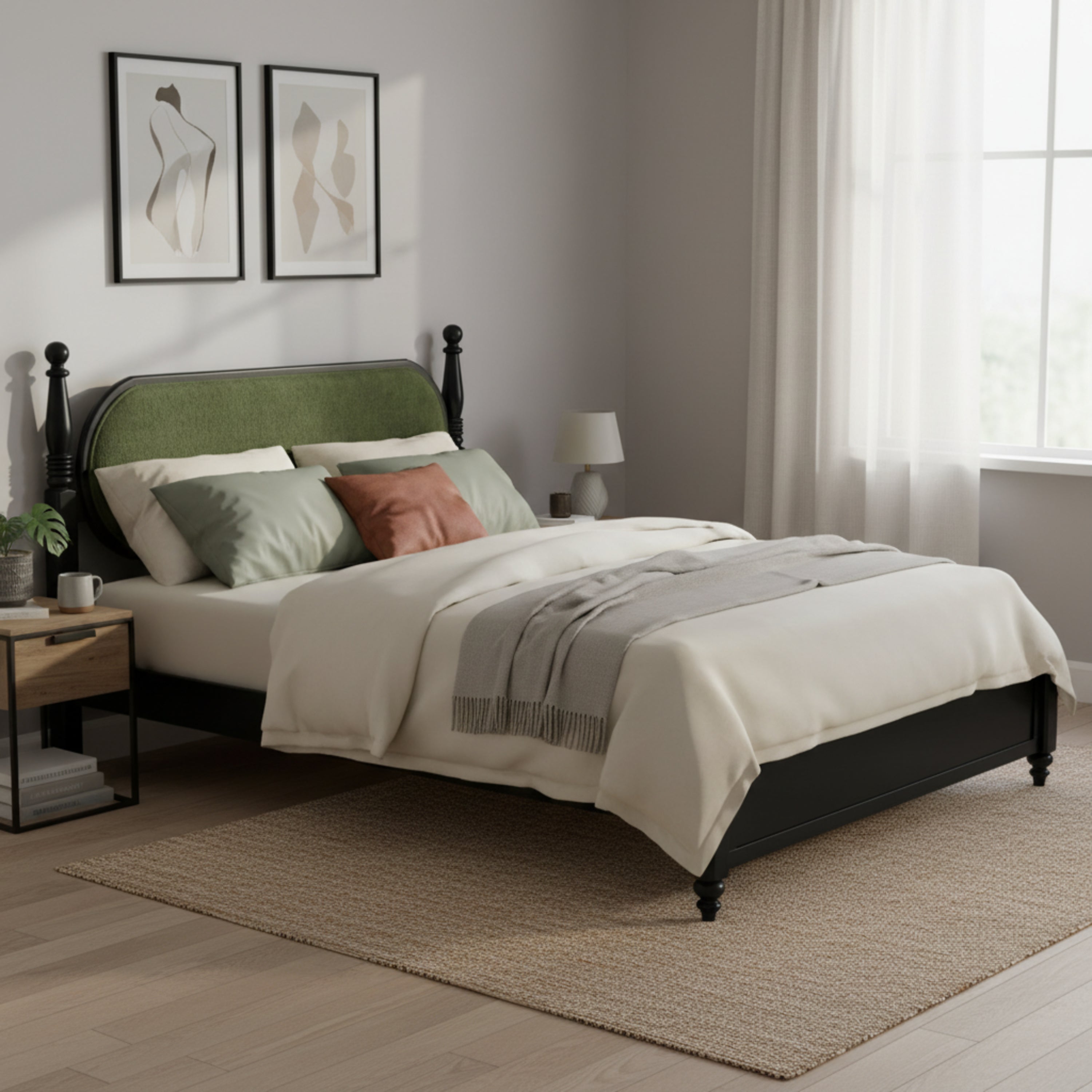 Queen Bed Frame, Solid Wood Platform With Slats, Green & Black Upholstered Headb