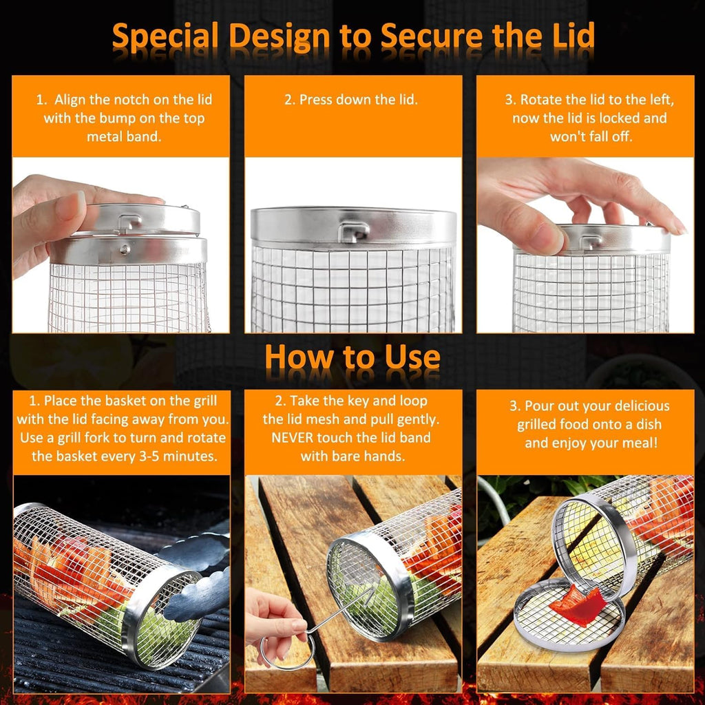 Rolling Grill Basket Grill Gifts For Men, 304 Stainless Steel, All-in-One Grilli
