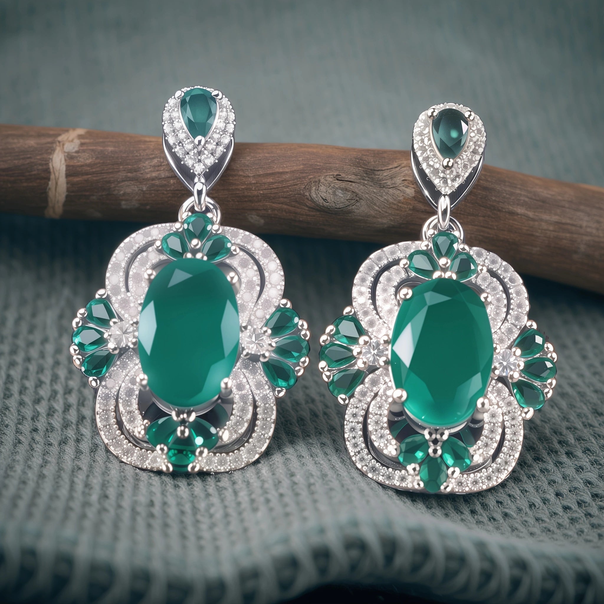 Vintage Oval Emerald CZ Floral Halo Drop Dangle Earrings For Women, Copper Silve