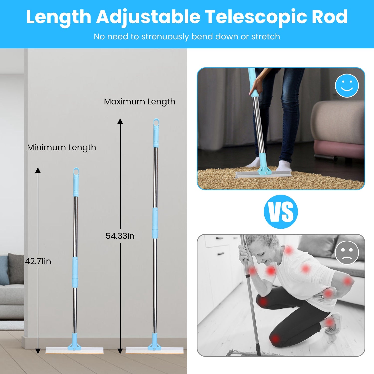 1Pc Pet Hair Removal Rake With 54.33in Adjustable Telescopic Rod Multi-Fabric Do