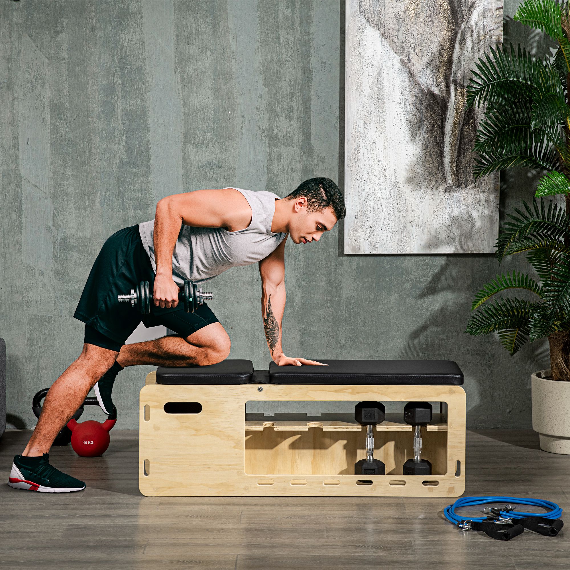 Wooden Workout Bench with Dumbbell Rack and Resistance Bands, Adjustable Incline