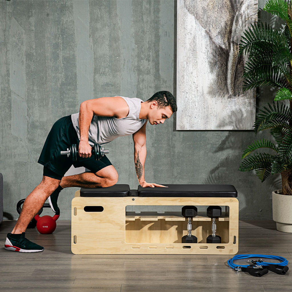 Wooden Workout Bench with Dumbbell Rack and Resistance Bands, Adjustable Incline
