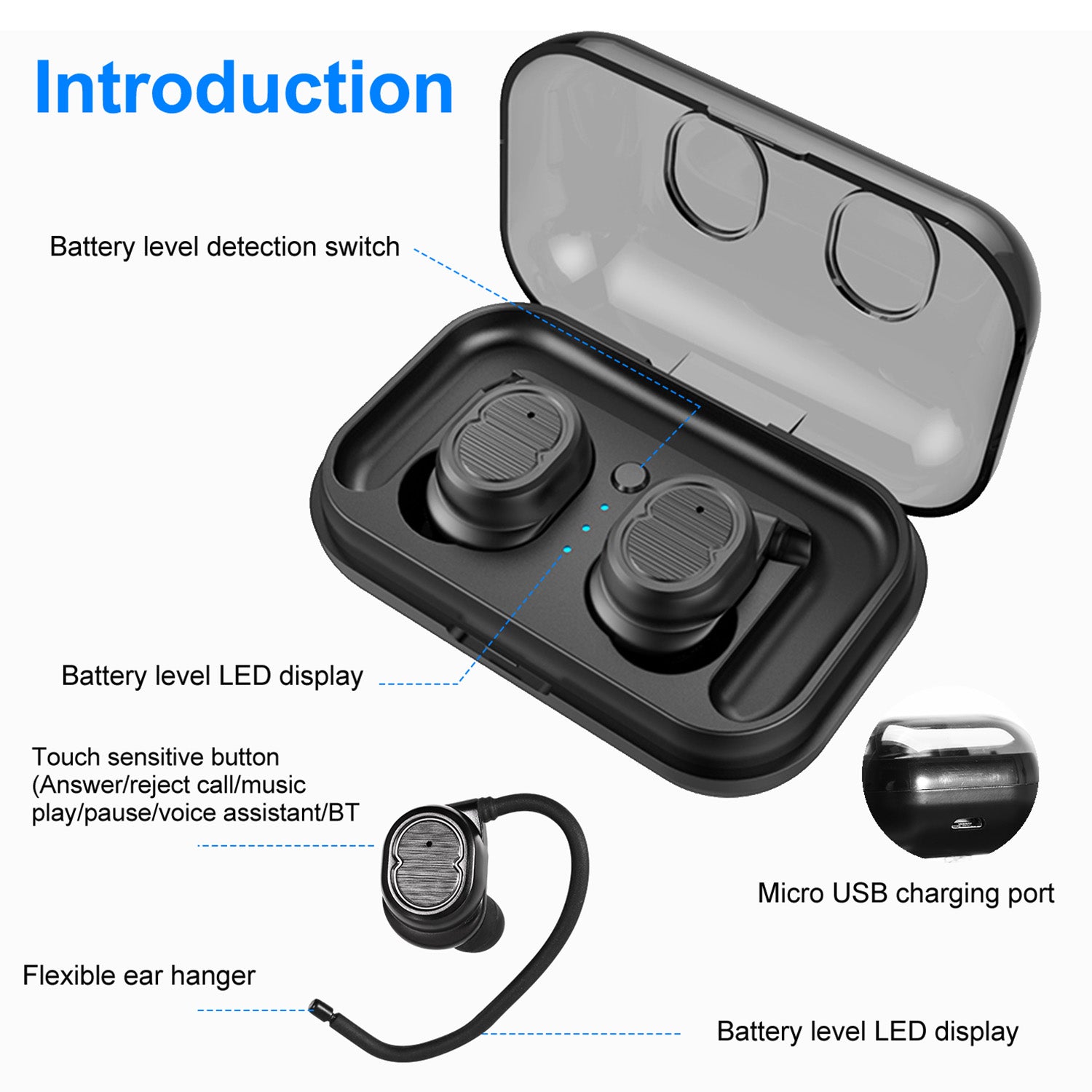 TWS Wireless 5.0 Earbuds IPX4 Touch In-Ear Stereo Earphone Noise Canceling Earpi