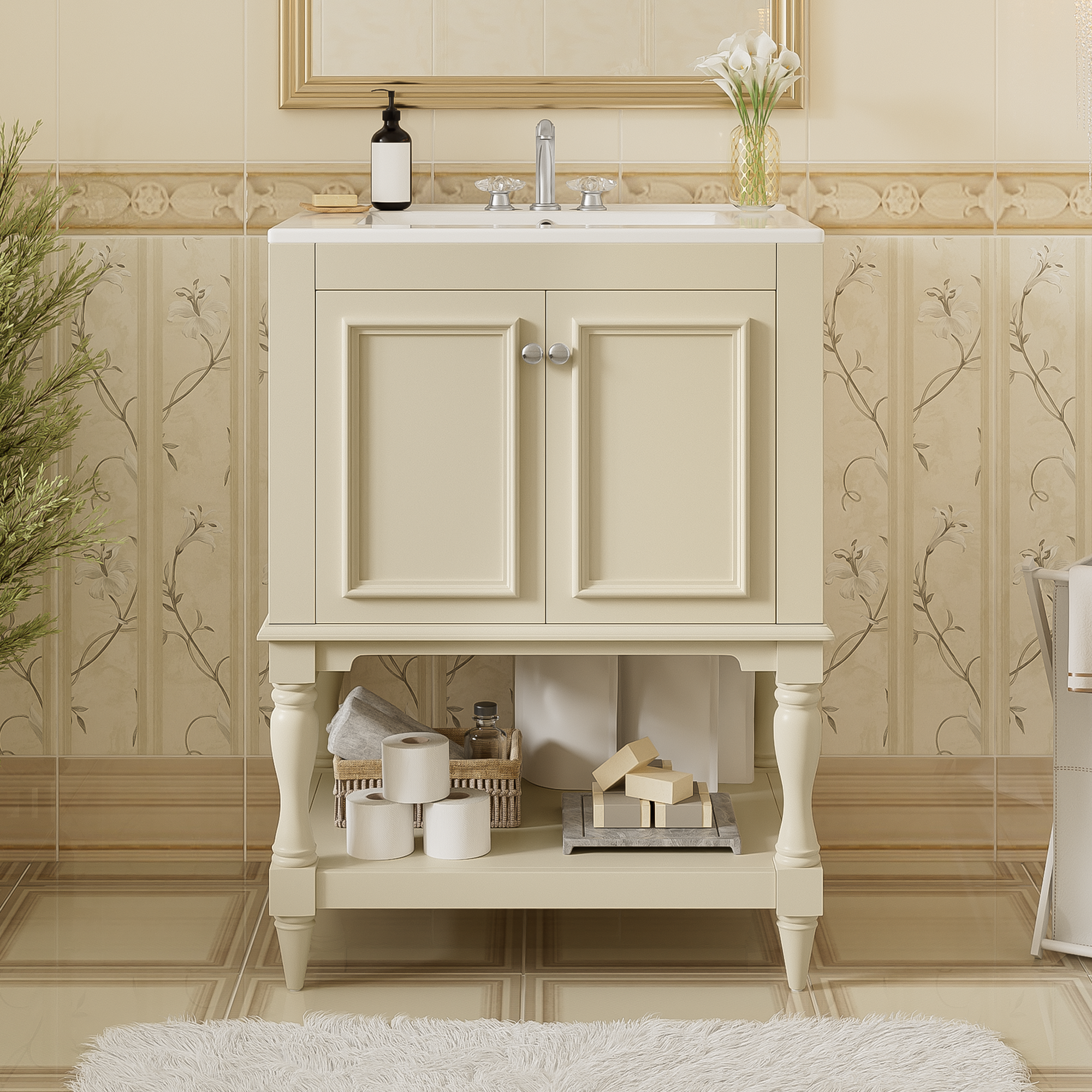 24 Inch Modern Luxury Bathroom Vanity With Ceramic Sink, Bathroom Cabinet With O
