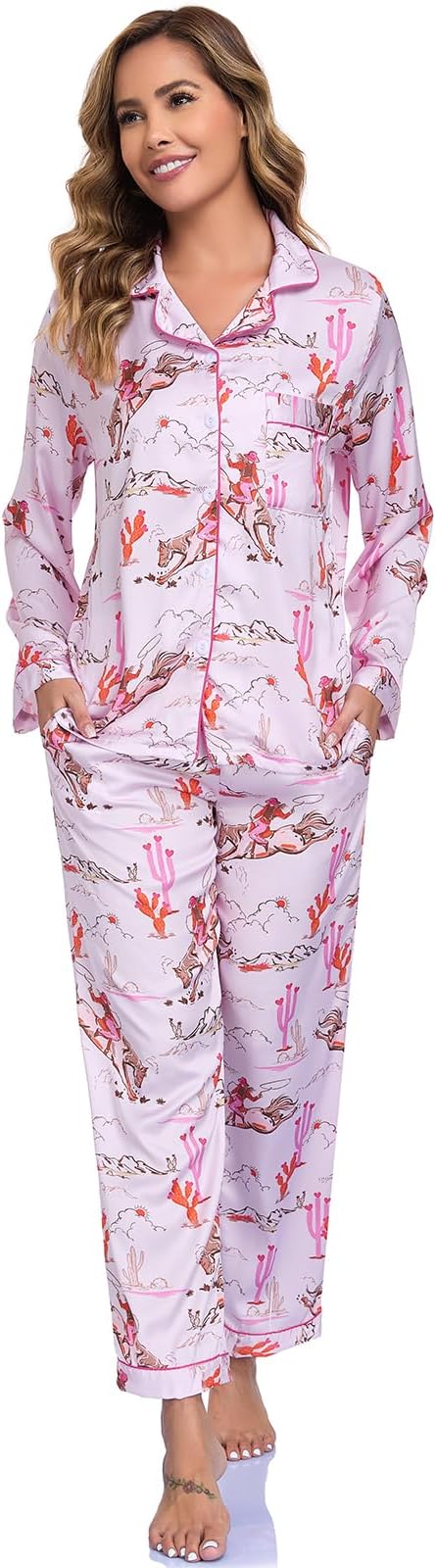 RONGTAI Womens Pajama Sets Button Down Long Sleeve Lapel Shirt With Pocket Match