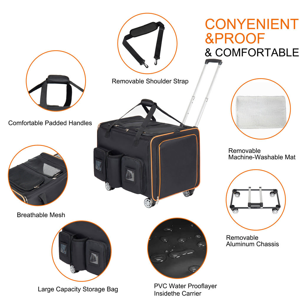 2 In 1 Large Cat Carrier For 2 Cats,Rolling Pet Carrier With Wheels,Expandable F