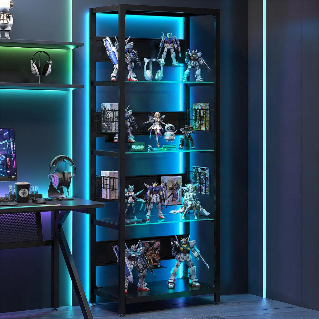 4-Tier Glass Display Shelf With RGB Lights, LED Lighted Curio Cabinet With Adjus