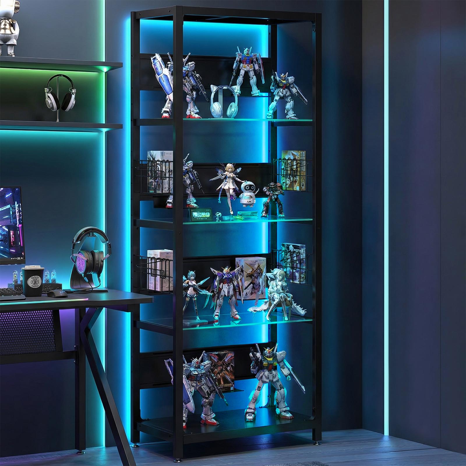 4-Tier Glass Display Shelf With RGB Lights, LED Lighted Curio Cabinet With Adjus